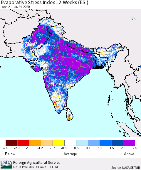 Southern Asia Evaporative Stress Index (ESI), 12-Weeks Thematic Map For 6/22/2020 - 6/28/2020