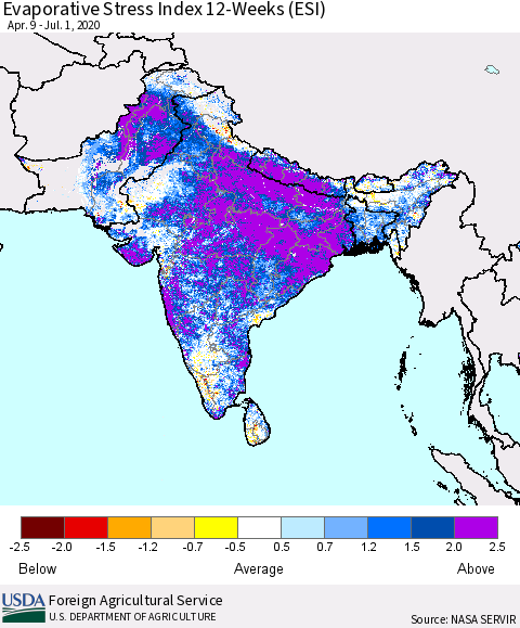 Southern Asia Evaporative Stress Index (ESI), 12-Weeks Thematic Map For 6/29/2020 - 7/5/2020