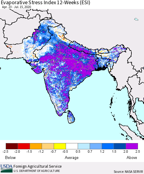 Southern Asia Evaporative Stress Index (ESI), 12-Weeks Thematic Map For 7/13/2020 - 7/19/2020