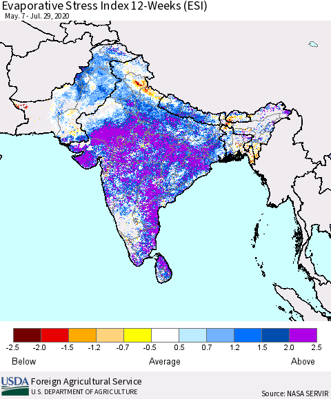 Southern Asia Evaporative Stress Index (ESI), 12-Weeks Thematic Map For 7/27/2020 - 8/2/2020