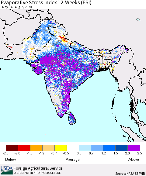 Southern Asia Evaporative Stress Index (ESI), 12-Weeks Thematic Map For 8/3/2020 - 8/9/2020