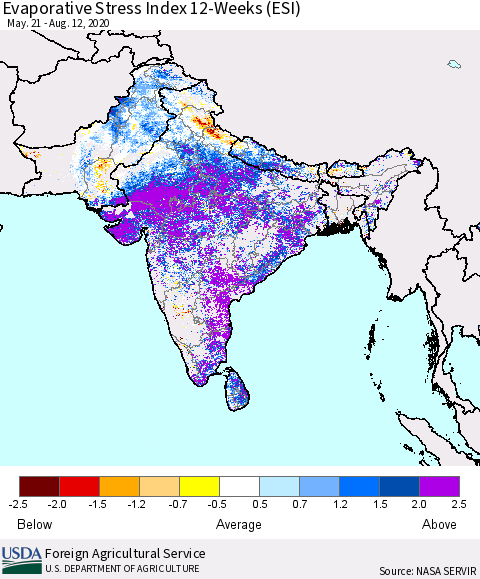 Southern Asia Evaporative Stress Index (ESI), 12-Weeks Thematic Map For 8/10/2020 - 8/16/2020