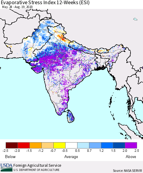 Southern Asia Evaporative Stress Index (ESI), 12-Weeks Thematic Map For 8/17/2020 - 8/23/2020