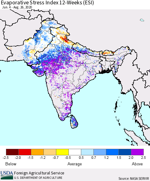 Southern Asia Evaporative Stress Index (ESI), 12-Weeks Thematic Map For 8/24/2020 - 8/30/2020