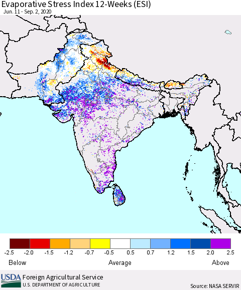 Southern Asia Evaporative Stress Index (ESI), 12-Weeks Thematic Map For 8/31/2020 - 9/6/2020