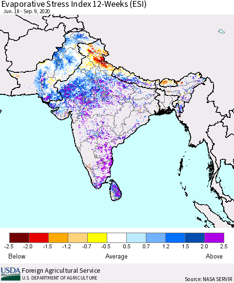 Southern Asia Evaporative Stress Index (ESI), 12-Weeks Thematic Map For 9/7/2020 - 9/13/2020