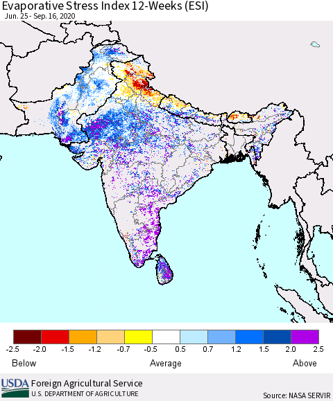 Southern Asia Evaporative Stress Index (ESI), 12-Weeks Thematic Map For 9/14/2020 - 9/20/2020