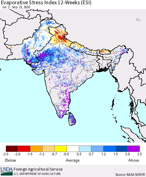 Southern Asia Evaporative Stress Index (ESI), 12-Weeks Thematic Map For 9/21/2020 - 9/27/2020