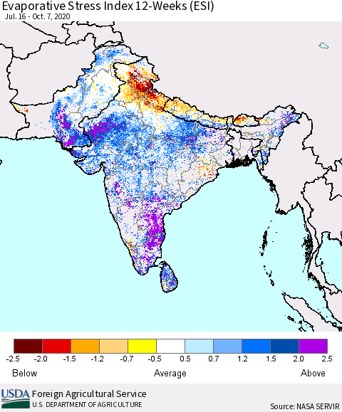 Southern Asia Evaporative Stress Index 12-Weeks (ESI) Thematic Map For 10/5/2020 - 10/11/2020