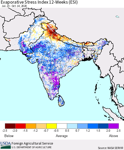 Southern Asia Evaporative Stress Index 12-Weeks (ESI) Thematic Map For 10/12/2020 - 10/18/2020