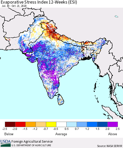 Southern Asia Evaporative Stress Index (ESI), 12-Weeks Thematic Map For 10/19/2020 - 10/25/2020