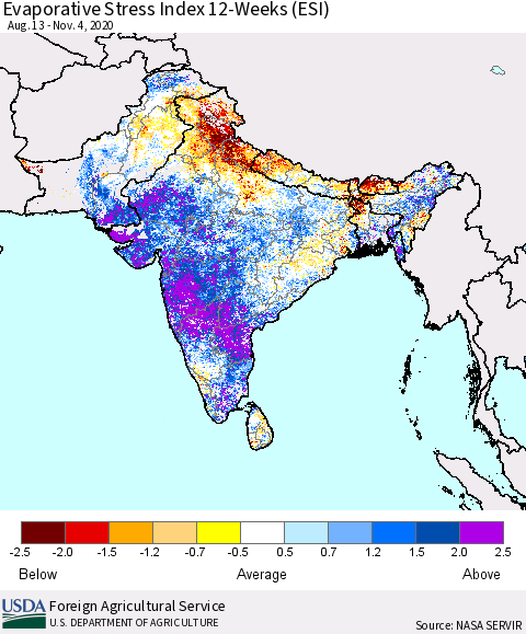 Southern Asia Evaporative Stress Index (ESI), 12-Weeks Thematic Map For 11/2/2020 - 11/8/2020