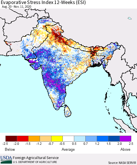 Southern Asia Evaporative Stress Index (ESI), 12-Weeks Thematic Map For 11/9/2020 - 11/15/2020