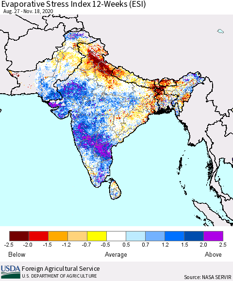 Southern Asia Evaporative Stress Index (ESI), 12-Weeks Thematic Map For 11/16/2020 - 11/22/2020