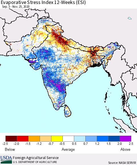 Southern Asia Evaporative Stress Index (ESI), 12-Weeks Thematic Map For 11/23/2020 - 11/29/2020