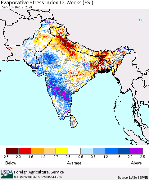 Southern Asia Evaporative Stress Index 12-Weeks (ESI) Thematic Map For 11/30/2020 - 12/6/2020