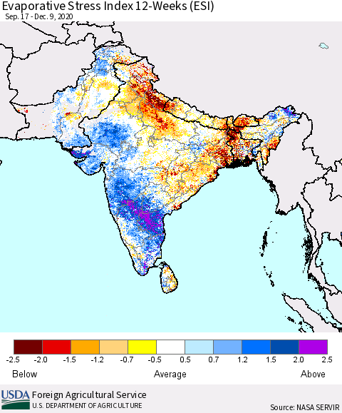 Southern Asia Evaporative Stress Index (ESI), 12-Weeks Thematic Map For 12/7/2020 - 12/13/2020