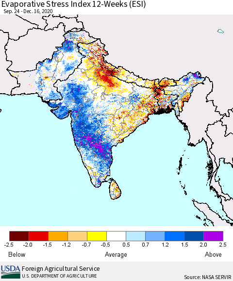 Southern Asia Evaporative Stress Index 12-Weeks (ESI) Thematic Map For 12/14/2020 - 12/20/2020