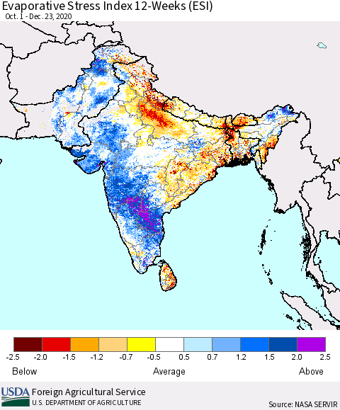 Southern Asia Evaporative Stress Index (ESI), 12-Weeks Thematic Map For 12/21/2020 - 12/27/2020