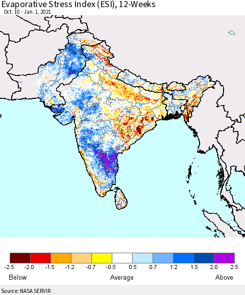 Southern Asia Evaporative Stress Index 12-Weeks (ESI) Thematic Map For 12/28/2020 - 1/3/2021