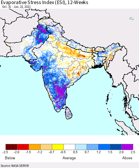 Southern Asia Evaporative Stress Index 12-Weeks (ESI) Thematic Map For 1/18/2021 - 1/24/2021