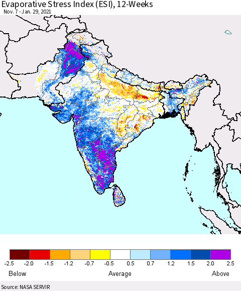 Southern Asia Evaporative Stress Index 12-Weeks (ESI) Thematic Map For 1/25/2021 - 1/31/2021