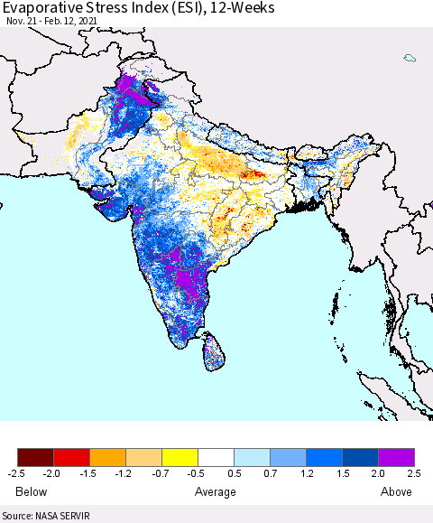 Southern Asia Evaporative Stress Index (ESI), 12-Weeks Thematic Map For 2/8/2021 - 2/14/2021