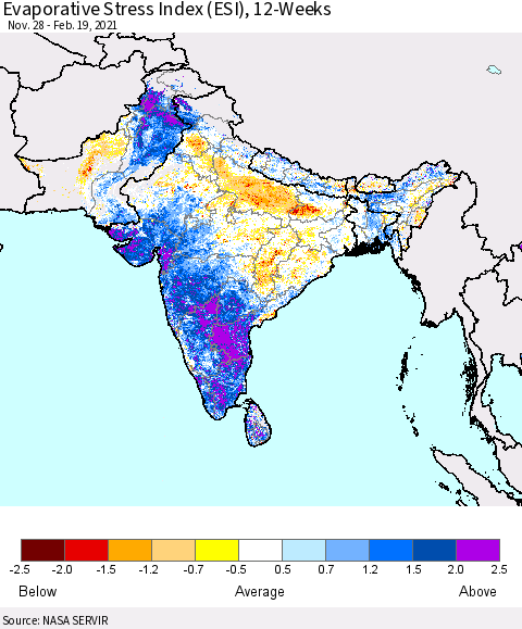 Southern Asia Evaporative Stress Index (ESI), 12-Weeks Thematic Map For 2/15/2021 - 2/21/2021