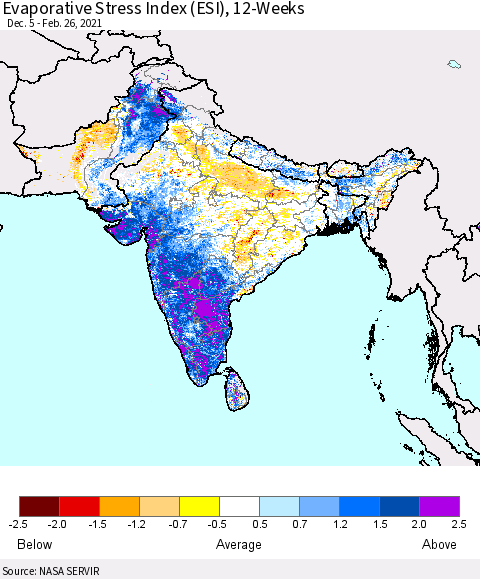 Southern Asia Evaporative Stress Index 12-Weeks (ESI) Thematic Map For 2/22/2021 - 2/28/2021