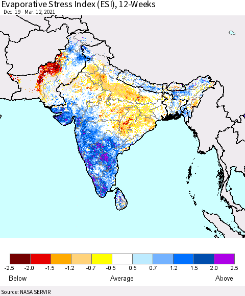 Southern Asia Evaporative Stress Index (ESI), 12-Weeks Thematic Map For 3/8/2021 - 3/14/2021