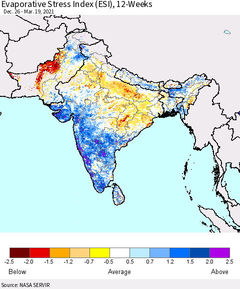 Southern Asia Evaporative Stress Index 12-Weeks (ESI) Thematic Map For 3/15/2021 - 3/21/2021