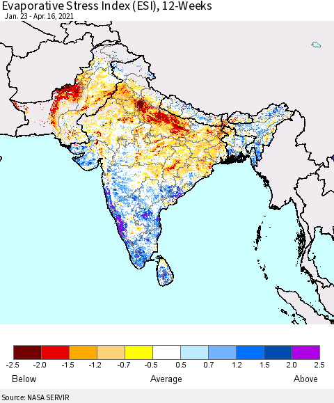 Southern Asia Evaporative Stress Index (ESI), 12-Weeks Thematic Map For 4/12/2021 - 4/18/2021