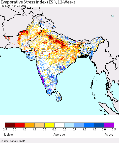 Southern Asia Evaporative Stress Index (ESI), 12-Weeks Thematic Map For 4/19/2021 - 4/25/2021