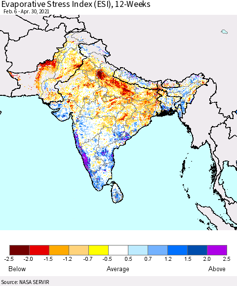 Southern Asia Evaporative Stress Index (ESI), 12-Weeks Thematic Map For 4/26/2021 - 5/2/2021