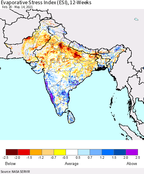 Southern Asia Evaporative Stress Index (ESI), 12-Weeks Thematic Map For 5/10/2021 - 5/16/2021