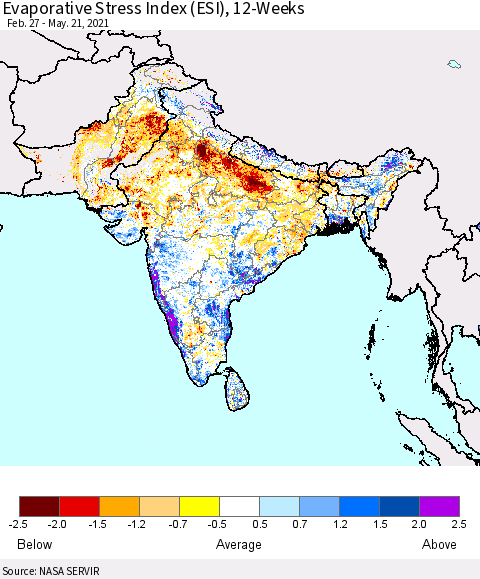 Southern Asia Evaporative Stress Index (ESI), 12-Weeks Thematic Map For 5/17/2021 - 5/23/2021