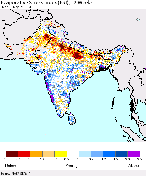 Southern Asia Evaporative Stress Index (ESI), 12-Weeks Thematic Map For 5/24/2021 - 5/30/2021