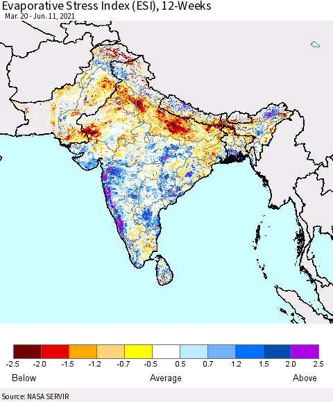 Southern Asia Evaporative Stress Index (ESI), 12-Weeks Thematic Map For 6/7/2021 - 6/13/2021