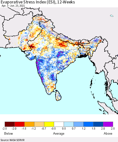 Southern Asia Evaporative Stress Index (ESI), 12-Weeks Thematic Map For 6/21/2021 - 6/27/2021