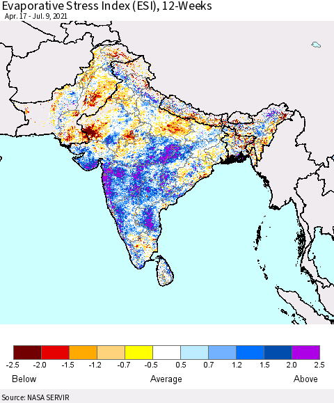 Southern Asia Evaporative Stress Index (ESI), 12-Weeks Thematic Map For 7/5/2021 - 7/11/2021