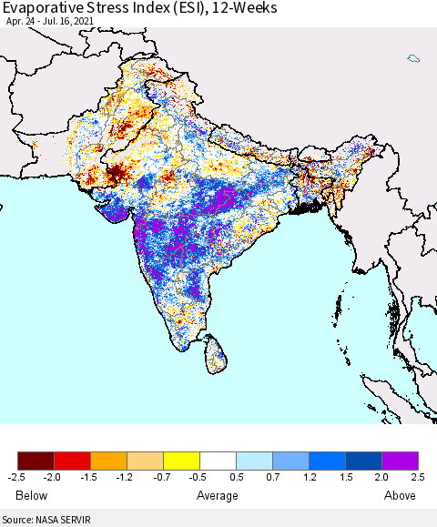 Southern Asia Evaporative Stress Index (ESI), 12-Weeks Thematic Map For 7/12/2021 - 7/18/2021