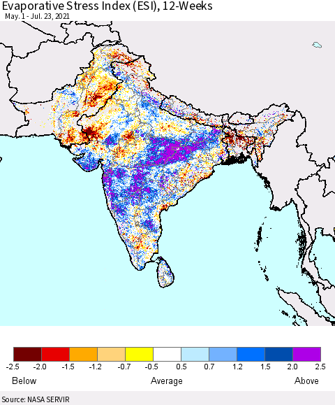 Southern Asia Evaporative Stress Index (ESI), 12-Weeks Thematic Map For 7/19/2021 - 7/25/2021