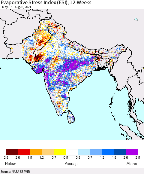Southern Asia Evaporative Stress Index (ESI), 12-Weeks Thematic Map For 8/2/2021 - 8/8/2021