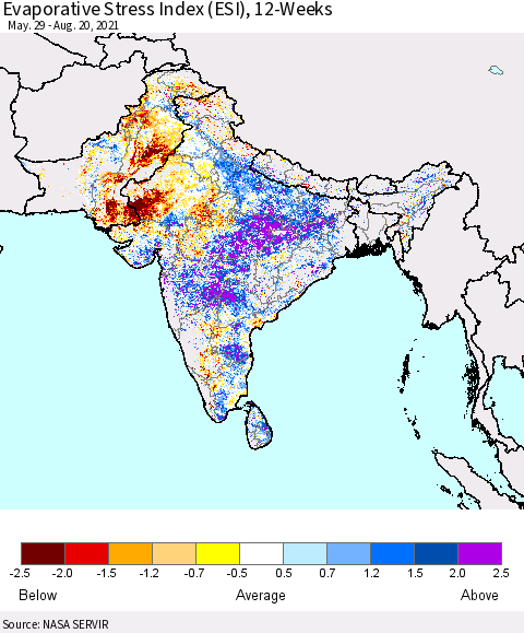 Southern Asia Evaporative Stress Index (ESI), 12-Weeks Thematic Map For 8/16/2021 - 8/22/2021