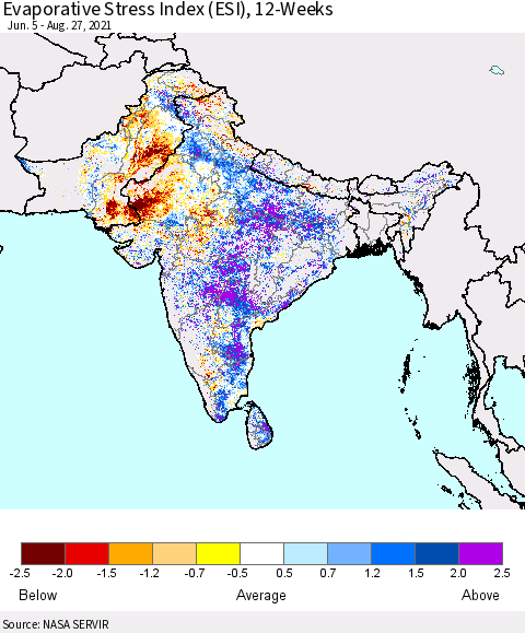 Southern Asia Evaporative Stress Index (ESI), 12-Weeks Thematic Map For 8/23/2021 - 8/29/2021