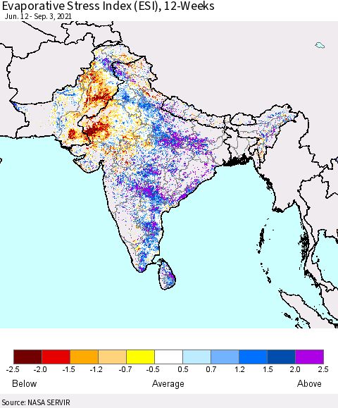 Southern Asia Evaporative Stress Index (ESI), 12-Weeks Thematic Map For 8/30/2021 - 9/5/2021