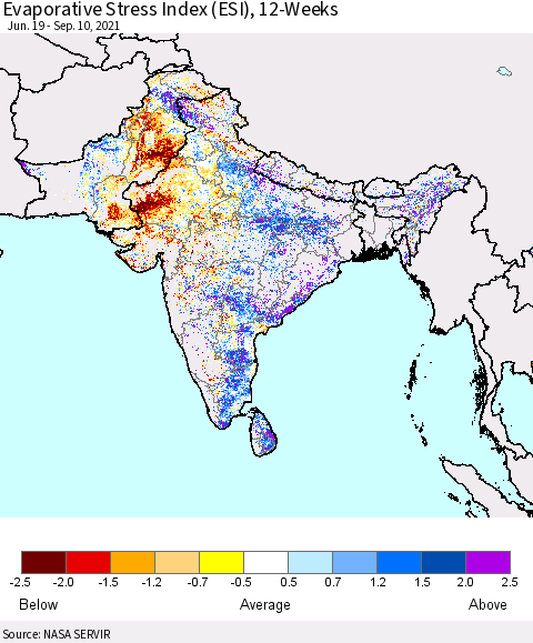 Southern Asia Evaporative Stress Index (ESI), 12-Weeks Thematic Map For 9/6/2021 - 9/12/2021