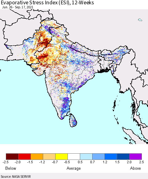 Southern Asia Evaporative Stress Index (ESI), 12-Weeks Thematic Map For 9/13/2021 - 9/19/2021