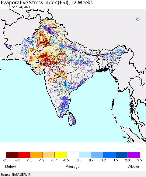 Southern Asia Evaporative Stress Index (ESI), 12-Weeks Thematic Map For 9/20/2021 - 9/26/2021