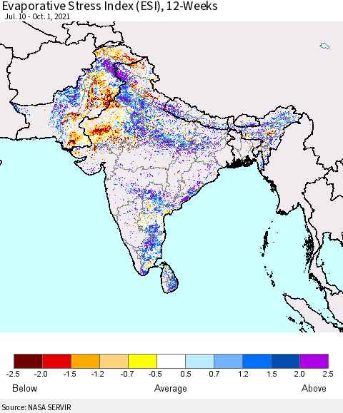Southern Asia Evaporative Stress Index (ESI), 12-Weeks Thematic Map For 9/27/2021 - 10/3/2021